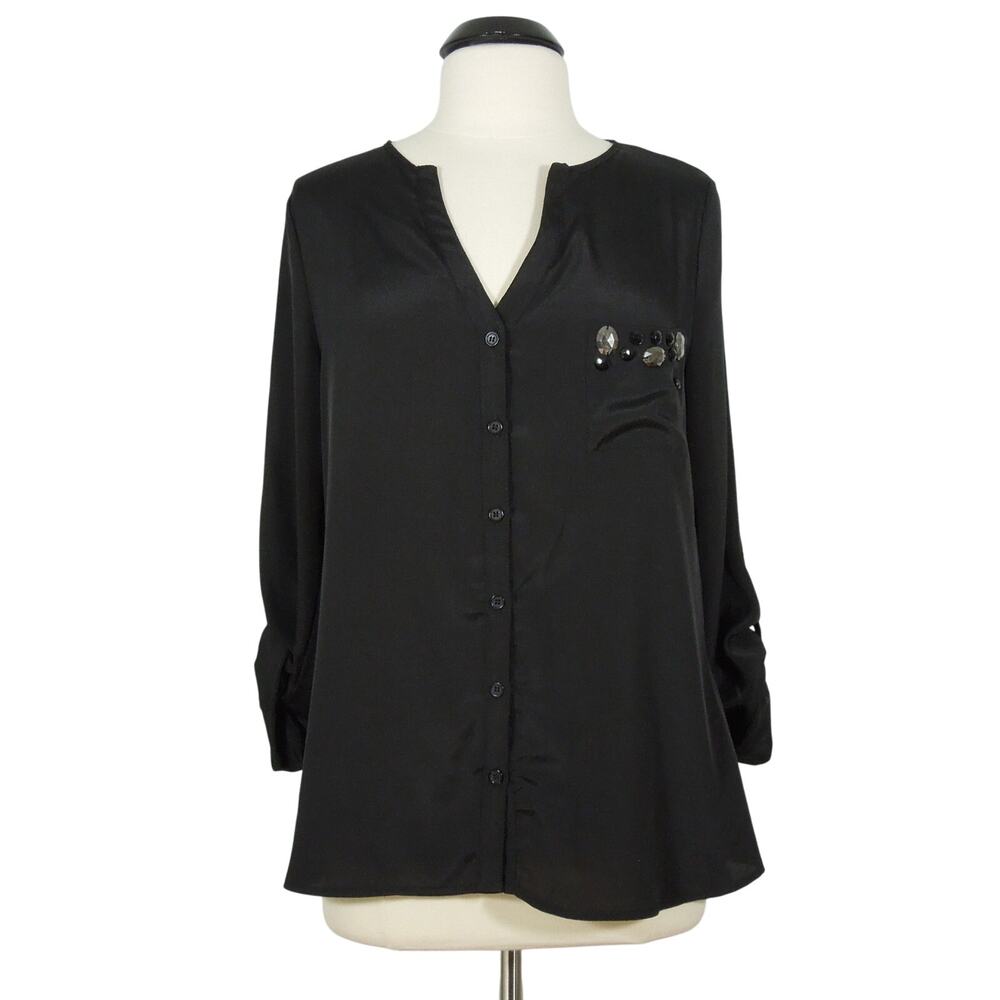 SIX DEGREES Blouse L LARGE Of Separation Black V-Neck Button Beads Embellished